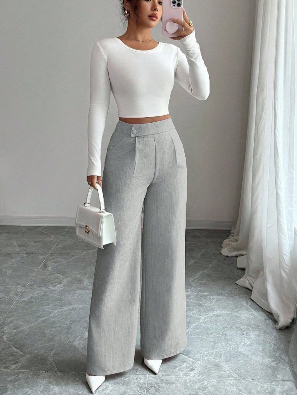 Grey Casual Women's Work Office Loose Flowy Straight Leg Pants - Picture 5 of 7